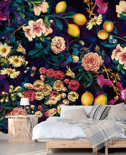 papier peint à fleurs et fruits noirs