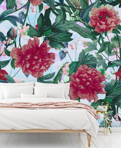 carta da parati fiori rossi e foglie verdi