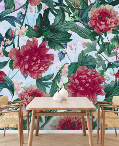 fleurs rouges et feuilles vertes papier peint