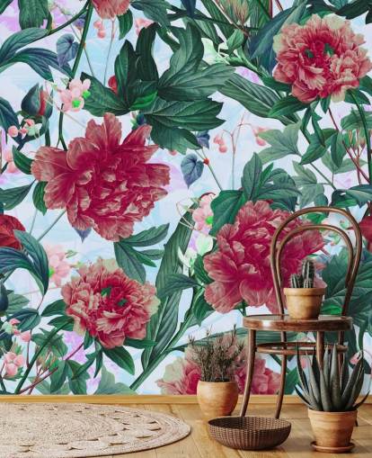 rode bloemen en groene bladeren behang