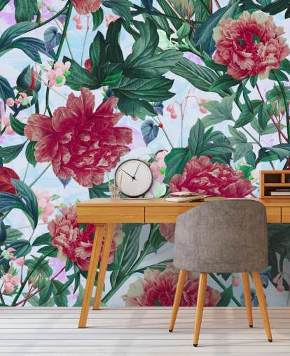 fleurs rouges et feuilles vertes papier peint