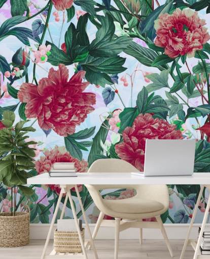 papel pintado de flores rojas y hojas verdes