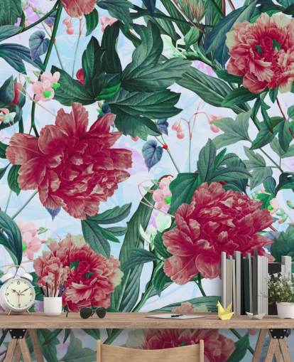 papel pintado de flores rojas y hojas verdes