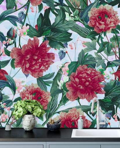 papel pintado de flores rojas y hojas verdes