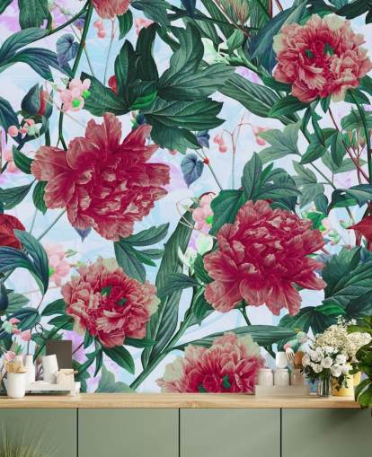 rode bloemen en groene bladeren behang