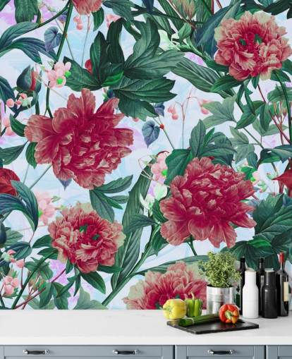 fleurs rouges et feuilles vertes papier peint