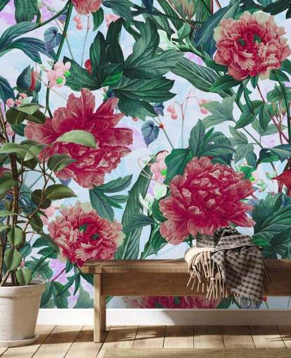 rode bloemen en groene bladeren behang