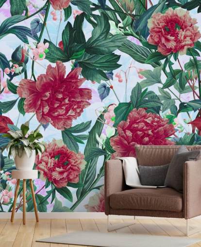 rode bloemen en groene bladeren behang