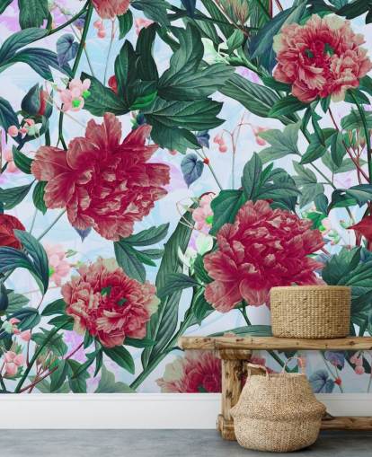 papel pintado de flores rojas y hojas verdes