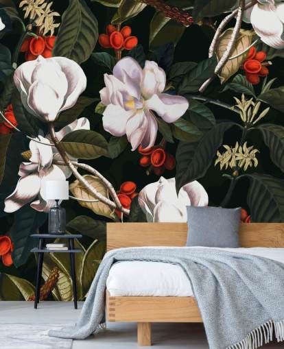 papel pintado de flores blancas y frutos rojos