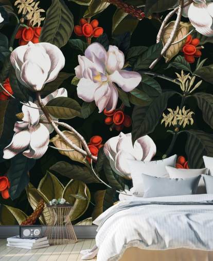 papel pintado de flores blancas y frutos rojos