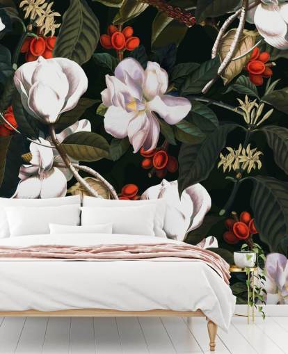 white flowers and red berries wallpaper