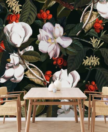 papel pintado de flores blancas y frutos rojos papel pintado de flores blancas y frutos rojos