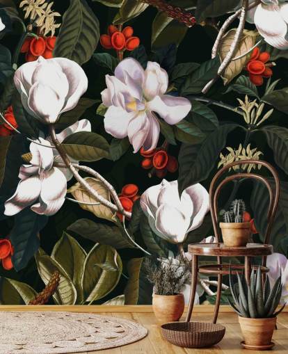 white flowers and red berries wallpaper