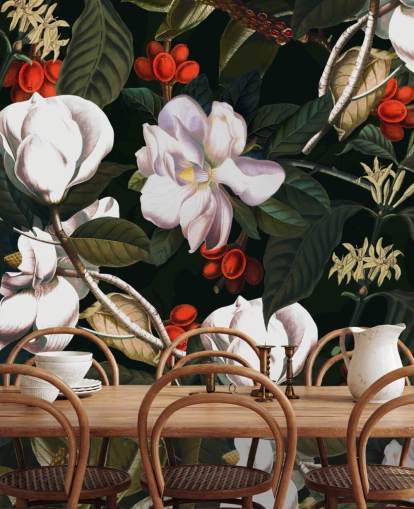 witte bloemen en rode bessen behang
