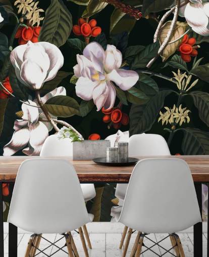 witte bloemen en rode bessen behang