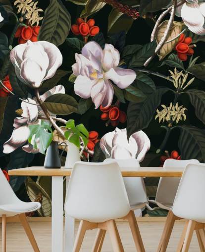 papel pintado de flores blancas y frutos rojos