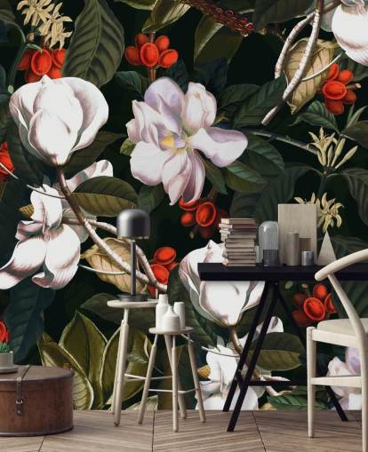 fleurs blanches et fruits rouges papier peint
