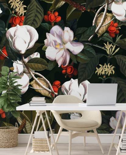 white flowers and red berries wallpaper