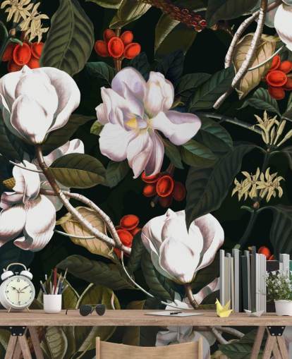 white flowers and red berries wallpaper