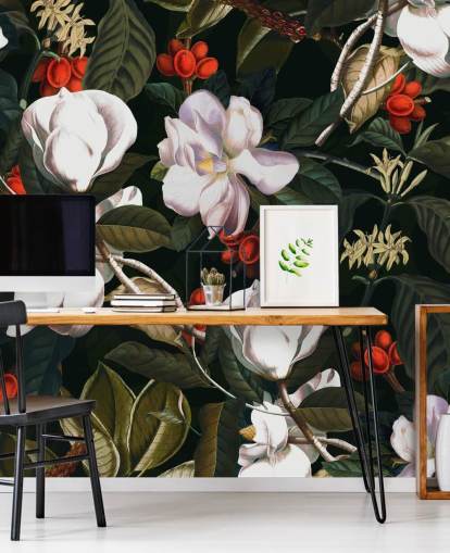 papel pintado de flores blancas y frutos rojos papel pintado de flores blancas y frutos rojos