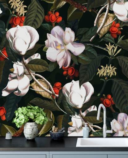 weiße Blumen und rote Beeren wallpaper