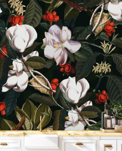 papel pintado de flores blancas y frutos rojos