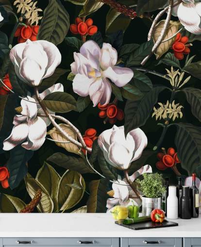 white flowers and red berries wallpaper