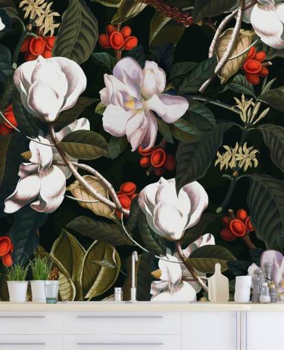 white flowers and red berries wallpaper