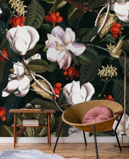 fleurs blanches et fruits rouges papier peint