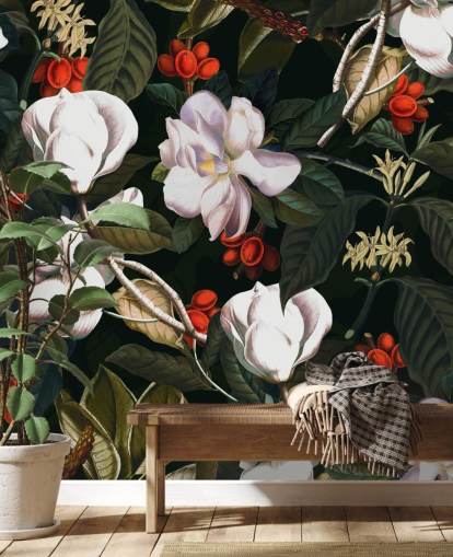 white flowers and red berries wallpaper