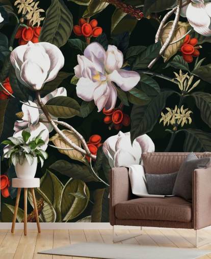 fleurs blanches et fruits rouges papier peint