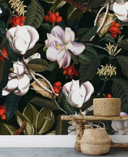 white flowers and red berries wallpaper