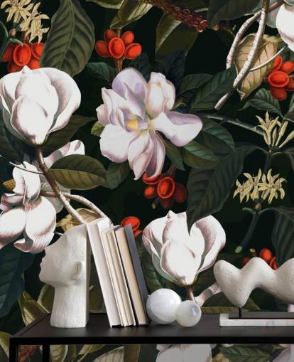 papel pintado de flores blancas y frutos rojos