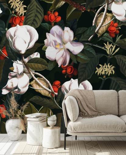 fleurs blanches et fruits rouges papier peint