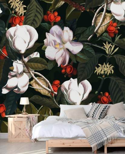 carta da parati con fiori bianchi e bacche rosse