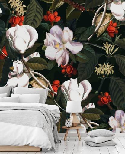 white flowers and red berries wallpaper