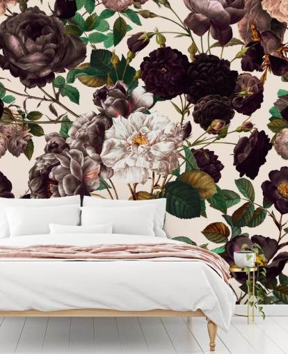 donkerpaarse bloemen behang
