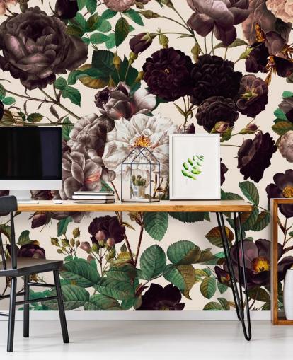 donkerpaarse bloemen behang