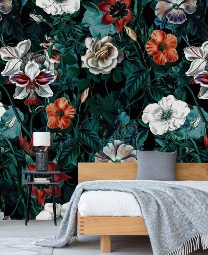 papel pintado de flores blancas y rojas sobre fondo verde