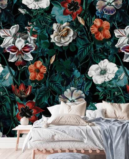 white and red flowers on green background wallpaper