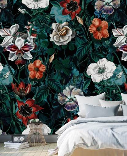 witte en rode bloemen op groen achtergrondbehang