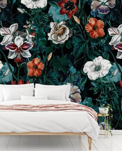 fleurs blanches et rouges sur fond vert papier peint