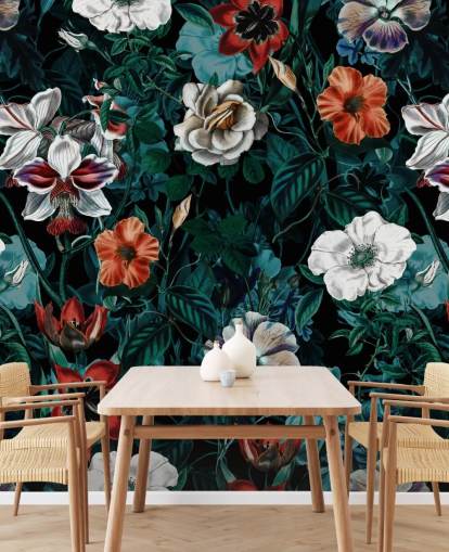 fleurs blanches et rouges sur fond vert papier peint