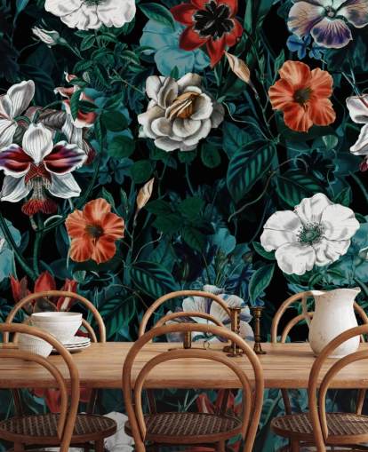 white and red flowers on green background wallpaper