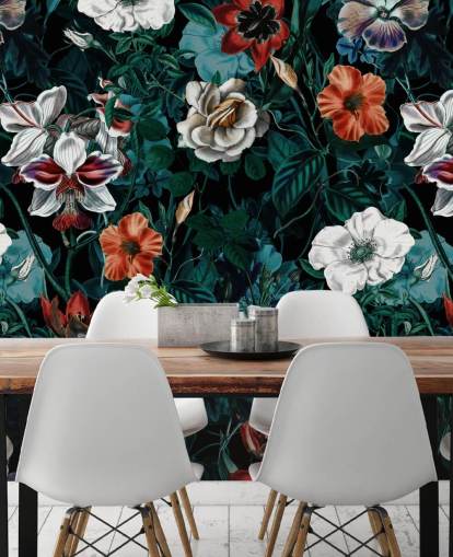 fleurs blanches et rouges sur fond vert papier peint