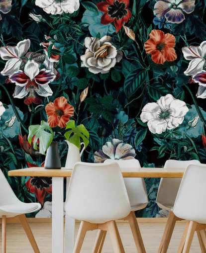 papel pintado de flores blancas y rojas sobre fondo verde