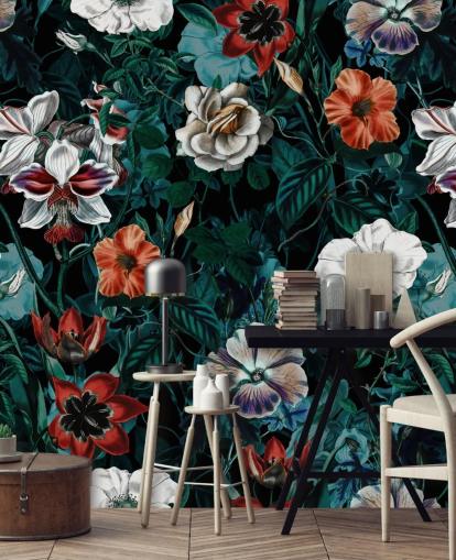 white and red flowers on green background wallpaper