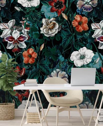 witte en rode bloemen op groen achtergrondbehang witte en rode bloemen op groen achtergrondbehang