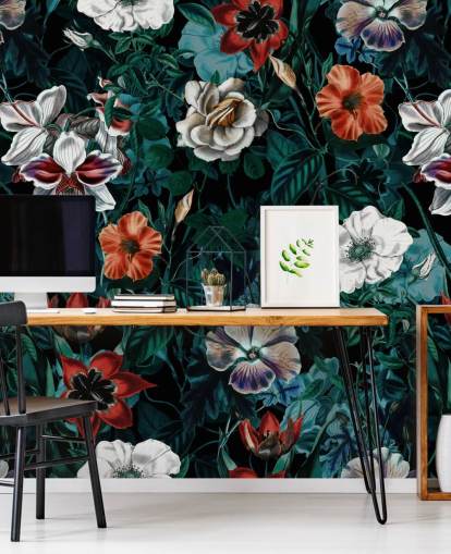 fleurs blanches et rouges sur fond vert papier peint